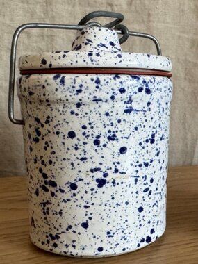 Vintage Blue and White Speckled Stoneware Crocks (2)